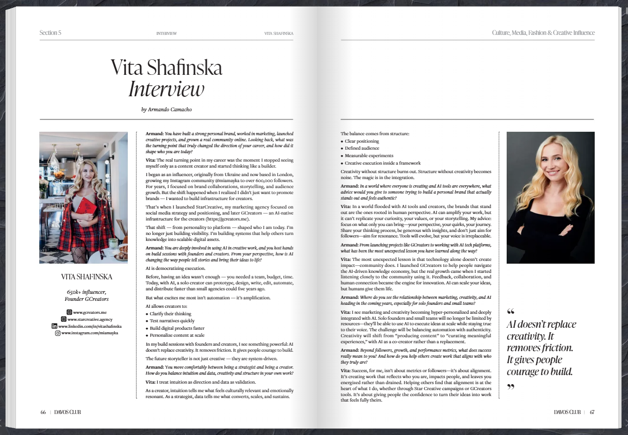 Davos Club Magazine — Vita Shafinska Interview spread